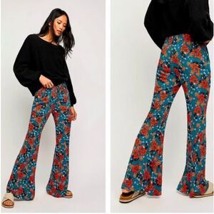 Free People Floral Boot Cut Pants - Blue and Red